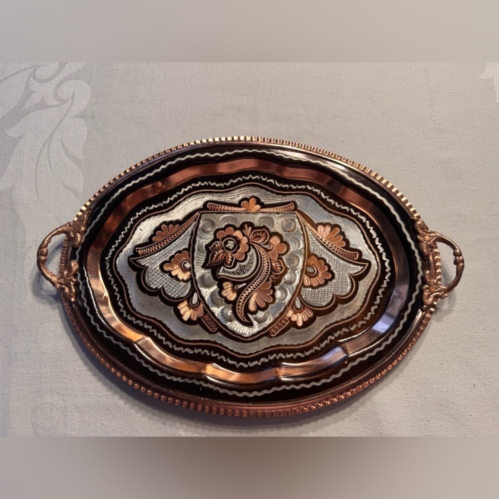 Ornate Handcrafted Turkish Copper and Silver Tea Tray w/Inlay